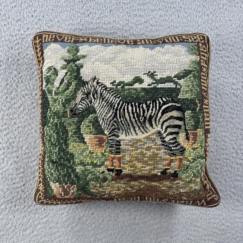 Vintage Needlepoint Zebra Pillow Never Believe All You See MCM Decorative Accent